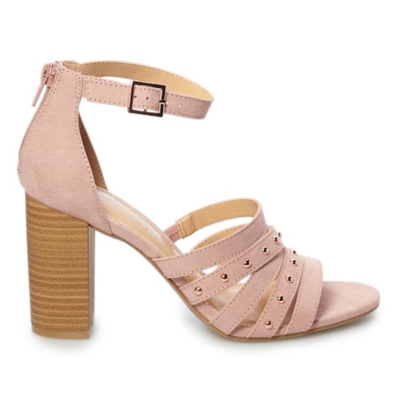 LC LAUREN CONRAD Sandals Block High Heels Strappy Faux-Suede Studded Mauve Pink - Picture 2 of 8